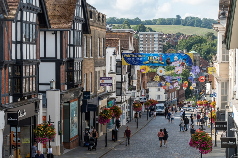 Guildford high street with Dick Whittington banner